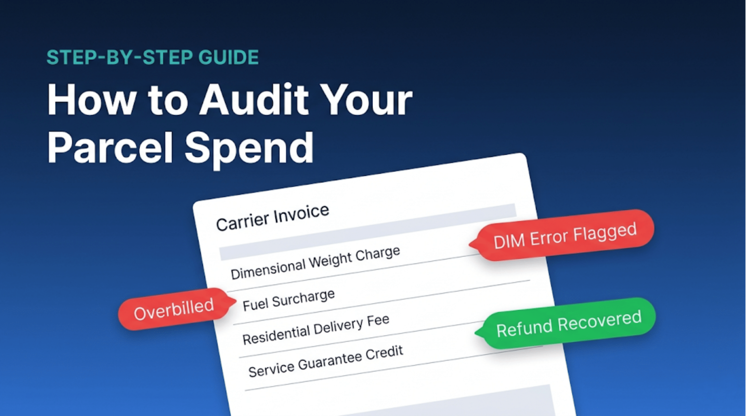 Step-by-step guide to auditing parcel spend, showing a carrier invoice with flagged errors including a DIM weight charge, fuel surcharge overbilling, and a recovered refund.