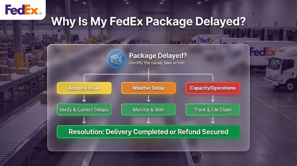 FedEx package delay troubleshooting flowchart showing address, weather, capacity causes and resolution steps