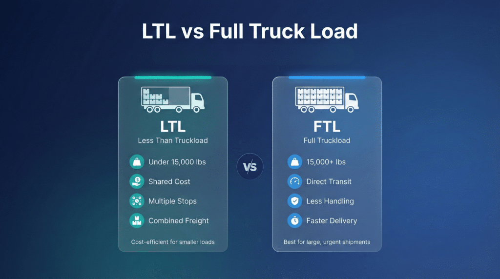 Comparison infographic showing LTL less than truckload vs FTL full truckload shipping with key differences