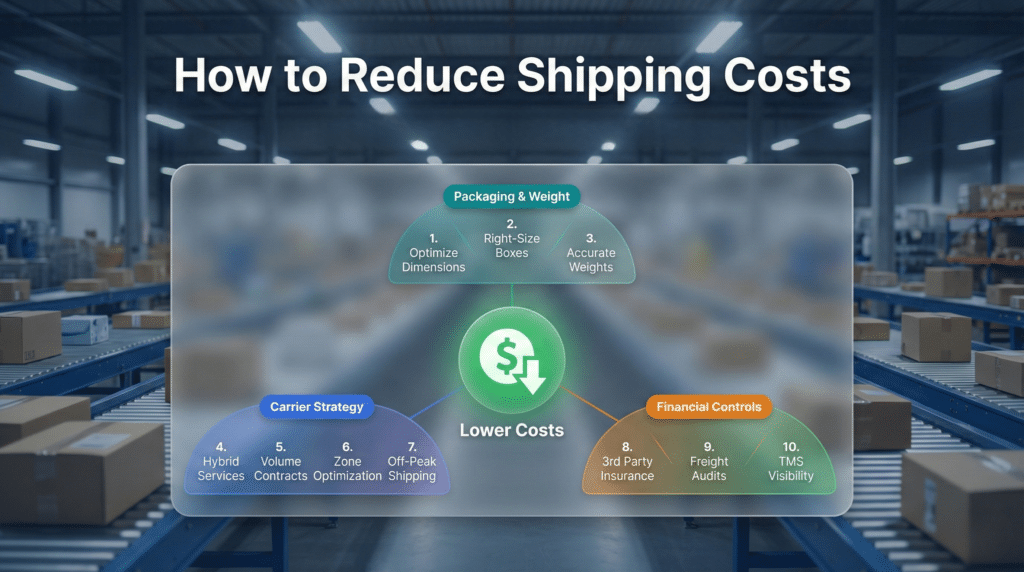 Infographic showing 10 strategies to reduce shipping costs including packaging, carrier, financial controls