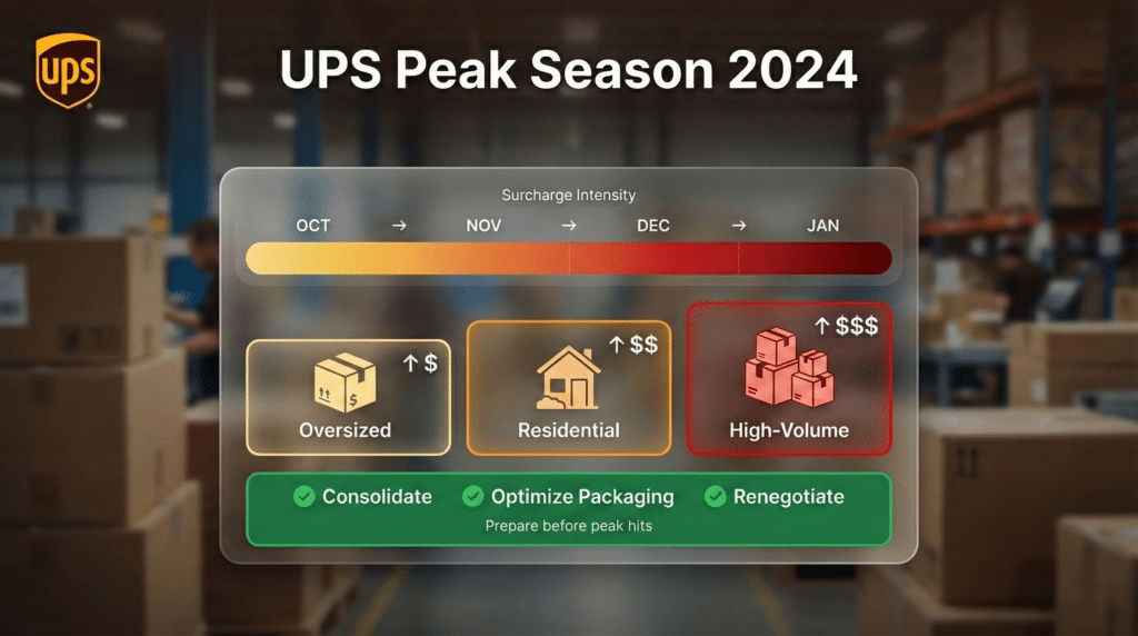 UPS peak season 2024 surcharge timeline showing cost increases for oversized, residential, high-volume shipments