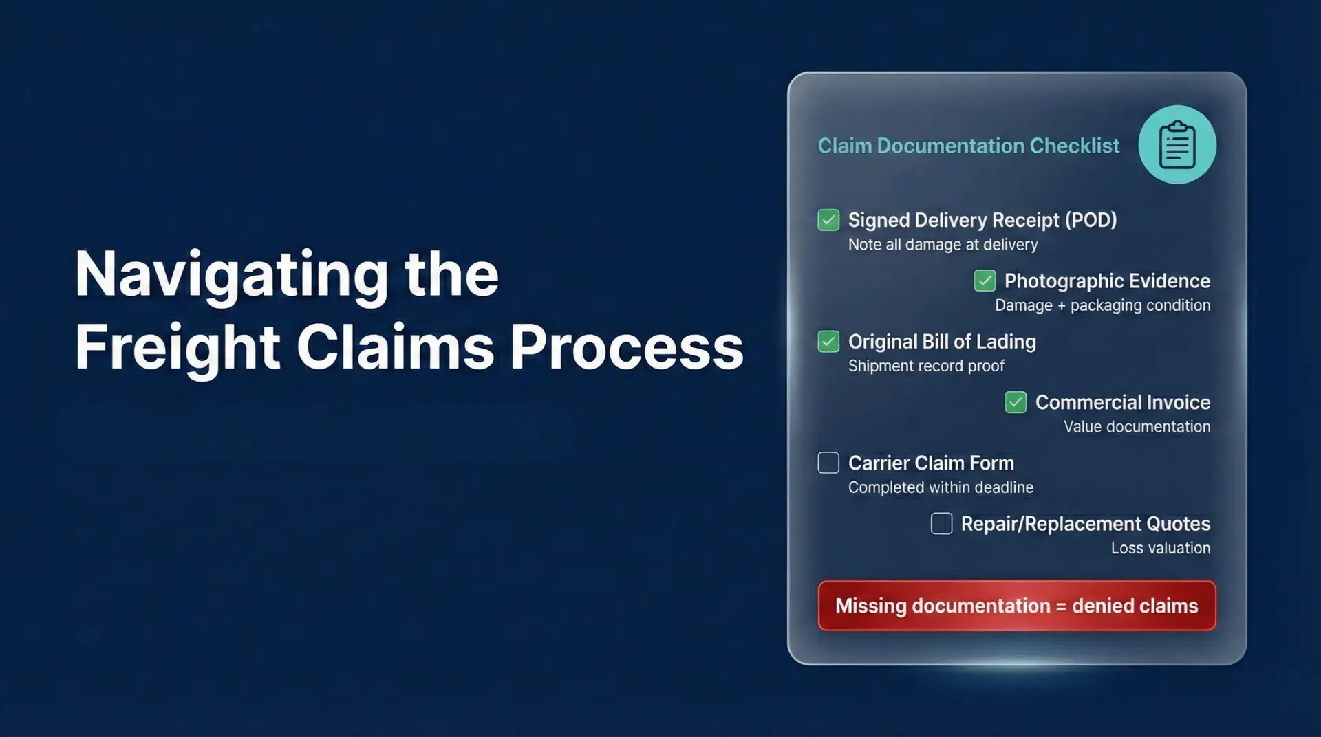 Freight claims documentation checklist with POD, bill of lading, commercial invoice, carrier claim form items