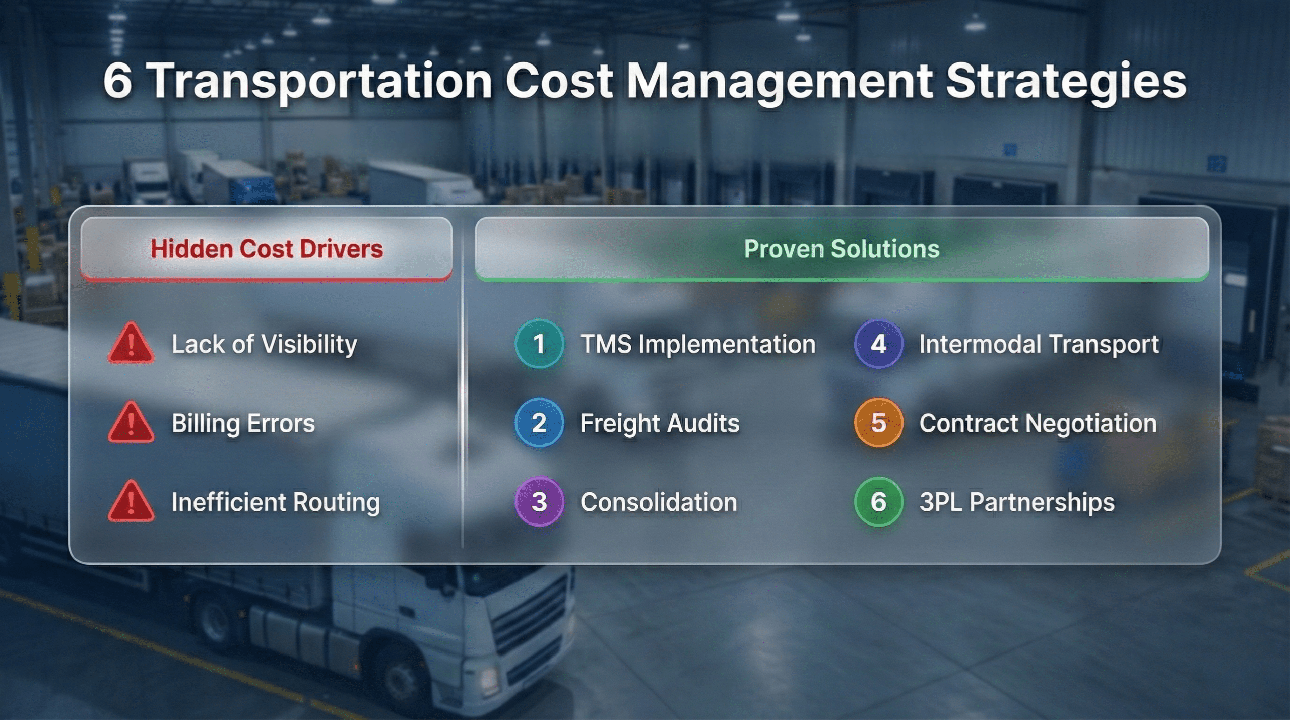 Transportation cost management infographic with 6 proven solutions, TMS, freight audits, consolidation, 3PL
