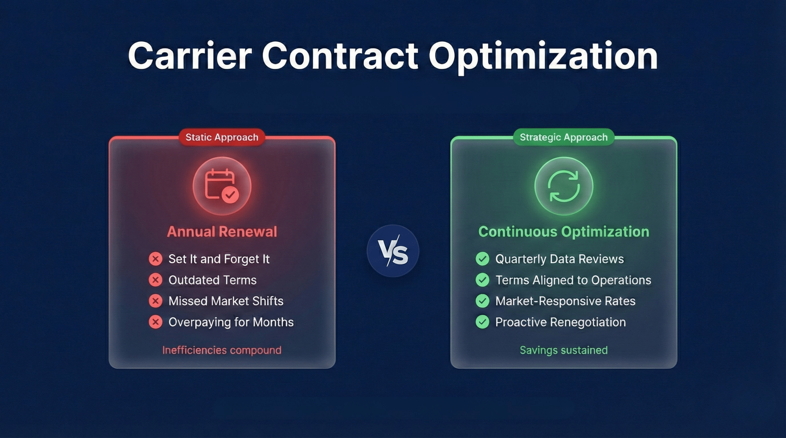 Carrier contract optimization comparison, static annual renewal vs strategic continuous optimization approach