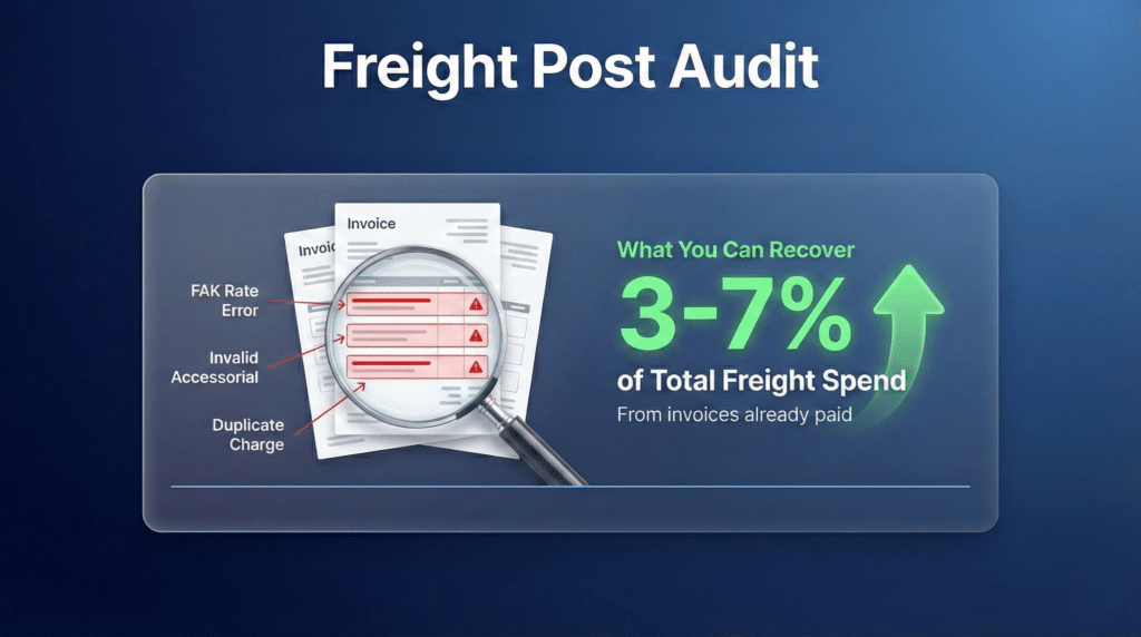 Freight post audit infographic showing 3 to 7 percent cost recovery from billing errors and duplicate charges