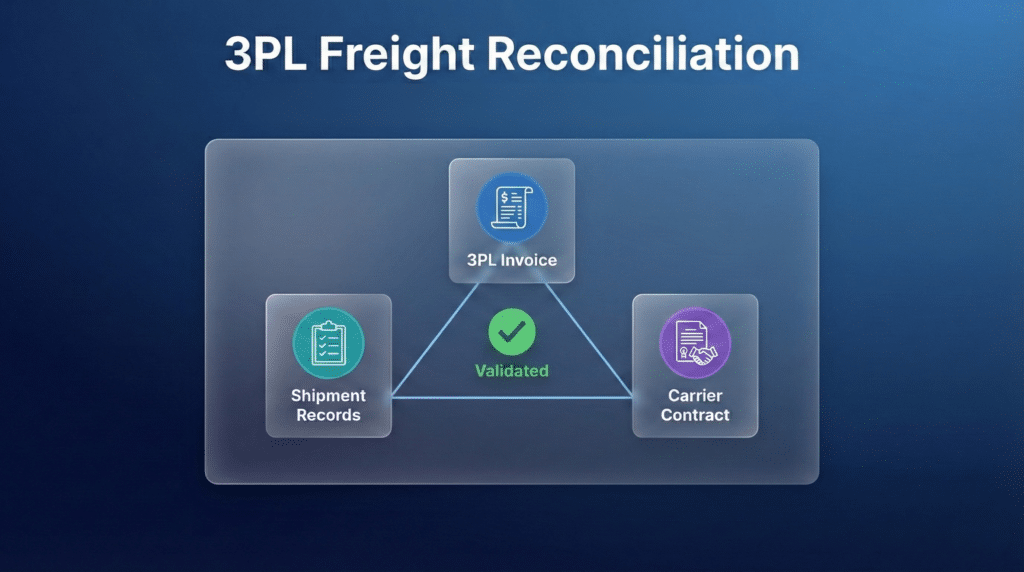 3PL freight reconciliation diagram showing validation between shipment records, invoices, carrier contracts