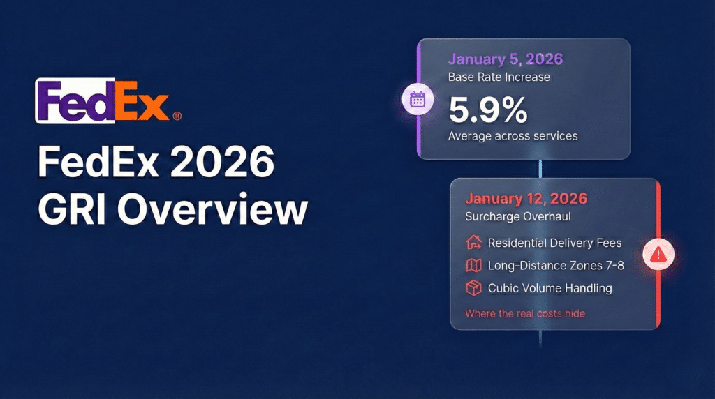FedEx 2026 general rate increase overview showing 5.9 percent base rate increase and surcharge changes