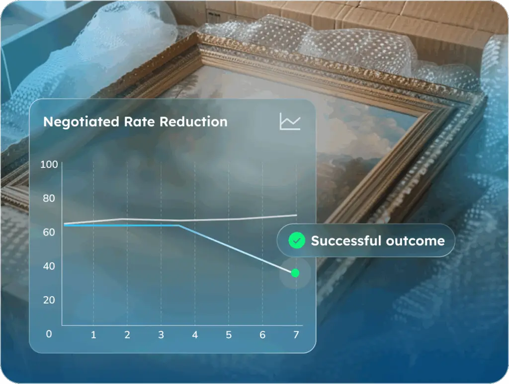 Chart showing $5.5M savings and 22% rate reduction for a global art dealer using FreightOptics