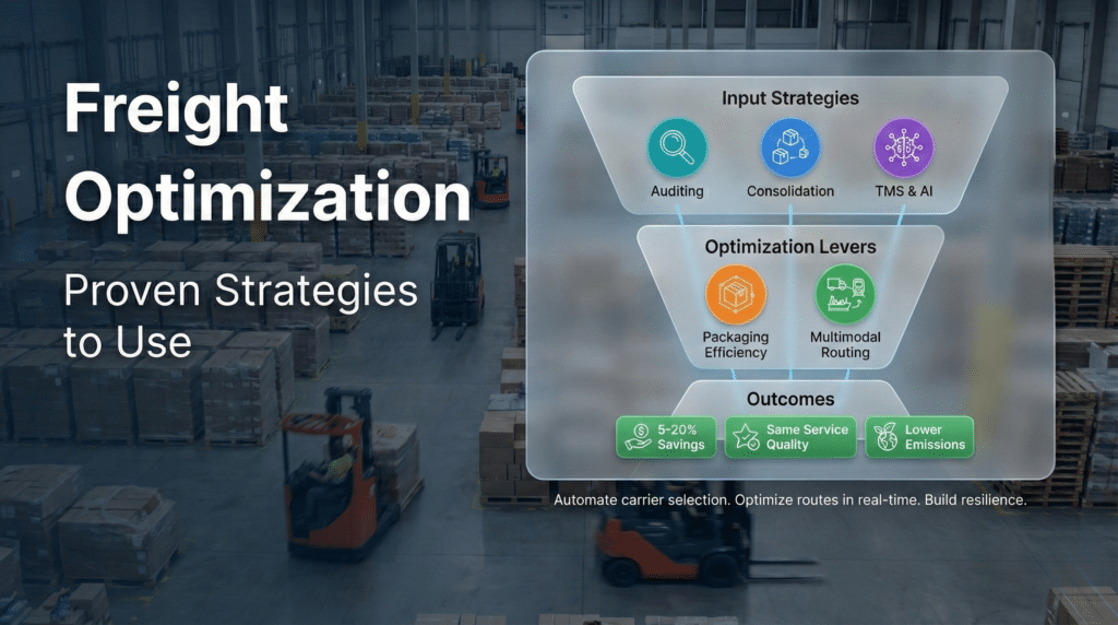 Freight optimization infographic showing input strategies, optimization levers, outcomes for supply chain teams