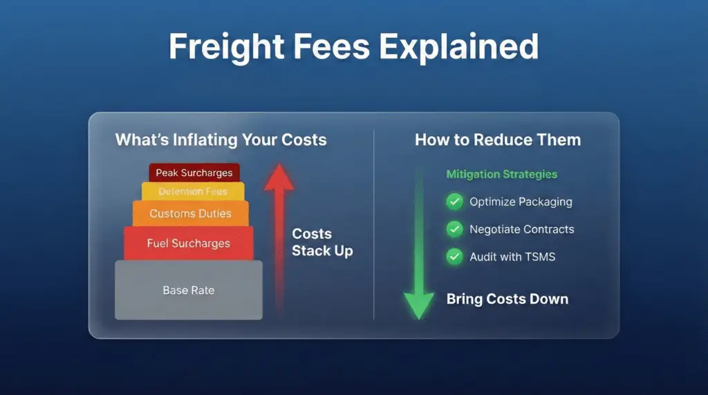 Freight fees breakdown showing stacked costs from base rate to peak surcharges with mitigation strategies