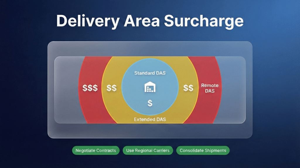 Delivery area surcharge diagram showing standard, extended, remote DAS zones with cost tiers and strategies