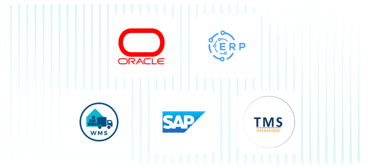 Diagram showing seamless API and EDI integration with Oracle, SAP, and major ERP systems