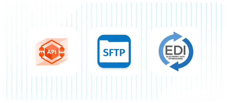 Diagram showing seamless API and EDI integration with Oracle, SAP, and major ERP systems