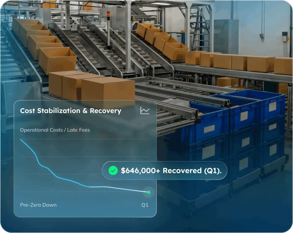 Chart showing $646k in parcel audit savings and late fee eradication for a global manufacturer