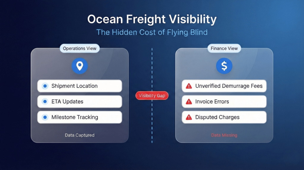Ocean freight visibility diagram showing operations vs finance view gaps including demurrage and invoice errors