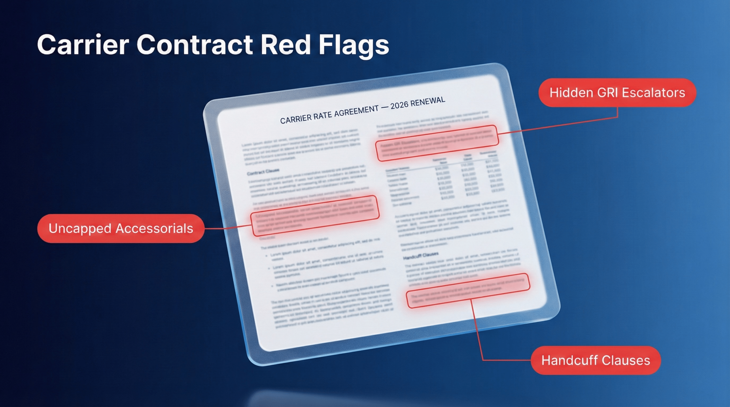 Carrier rate agreement with red flags highlighted: hidden GRI escalators, uncapped accessorials, and handcuff clauses.