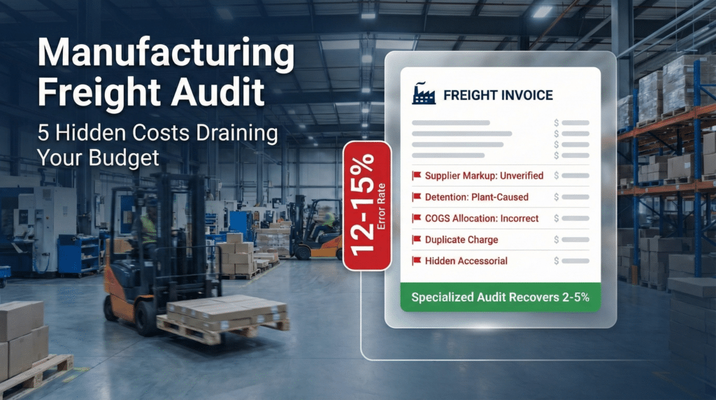 Manufacturing freight audit infographic showing 5 hidden costs and 12 to 15 percent error rates on invoices
