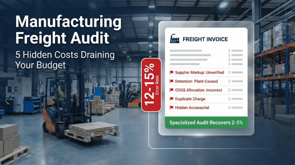 Manufacturing freight audit infographic showing 5 hidden costs and 12 to 15 percent error rates on invoices