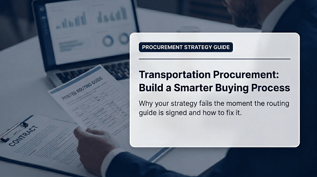 Procurement director reviewing a carrier routing guide alongside a transportation procurement strategy guide